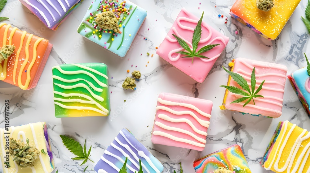 Cannabis edibles styled with intricate icing patterns and vibrant toppings, emphasizing creativity and modern culinary aesthetics. Cannabis edibles styled with intricate icing patterns and vibrant toppings, emphasizing creativity and modern culinary aesthetics.