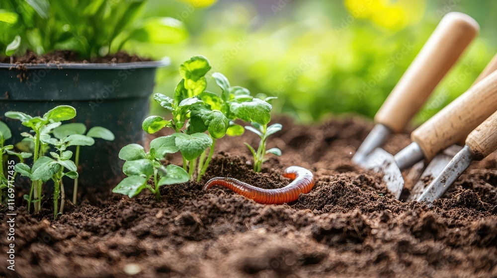 Garden Soil with Seedlings, Gardening Tools, and Earthworm Close-Up Garden Soil with Seedlings, Gardening Tools, and Earthworm Close-Up