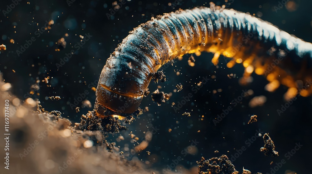 Close-Up of Earthworm Crawling Through Soil with Sparkling Particles Close-Up of Earthworm Crawling Through Soil with Sparkling Particles