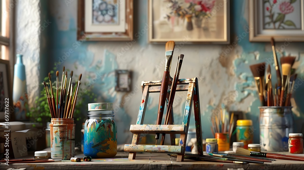 A tidy art corner with a rack of paintbrushes and jars of paint. A tidy art corner with a rack of paintbrushes and jars of paint.