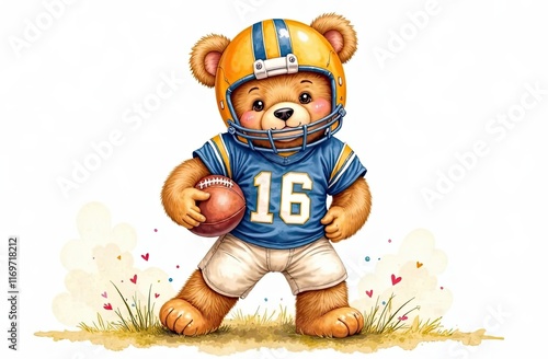 Cute bear in football uniform holds ball on grassy field with hearts floating around