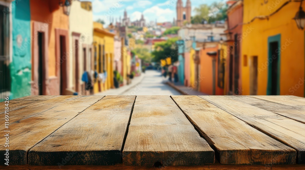 Fototapeta premium A blank rustic wooden table top with a colorful, blurred Mexican street scene in the background.