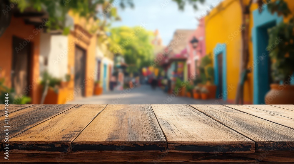 A blank rustic wooden table top with a colorful, blurred Mexican street scene in the background. A blank rustic wooden table top with a colorful, blurred Mexican street scene in the background.