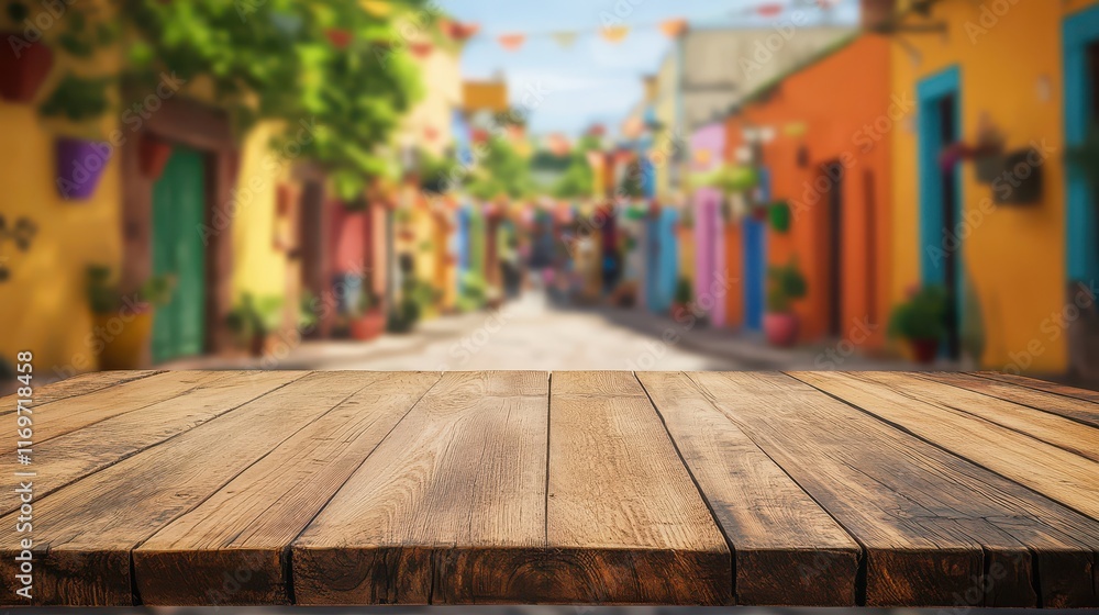 A blank rustic wooden table top with a colorful, blurred Mexican street scene in the background. A blank rustic wooden table top with a colorful, blurred Mexican street scene in the background.