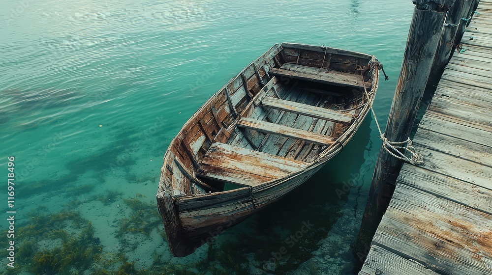 Weathered Wooden Boat Beside Pier in Tranquil Waterscape Weathered Wooden Boat Beside Pier in Tranquil Waterscape