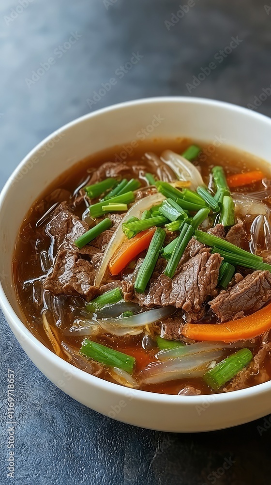 Savory Beef Soup with Vegetables in a White Bowl on Dark Table Savory Beef Soup with Vegetables in a White Bowl on Dark Table
