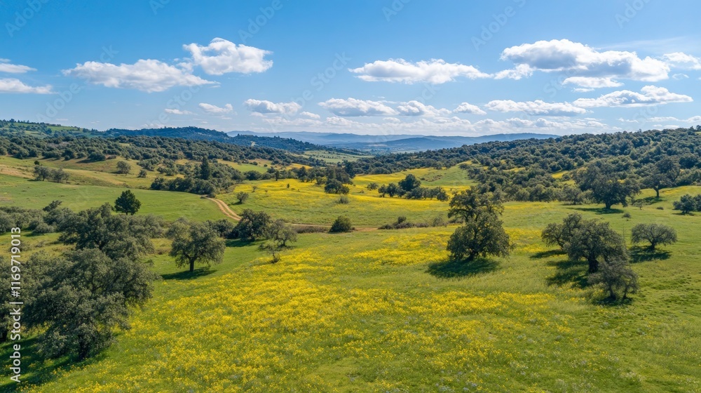 Scenic Rural Landscape with Green Fields and Yellow Wildflowers Scenic Rural Landscape with Green Fields and Yellow Wildflowers