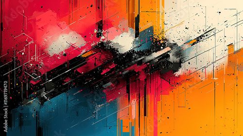  Abstract angular grid structure with bold black, white, neon pink, and cyan colors, creating an energetic, futuristic design symbolizing technology, innovation, and modern digital transformation
