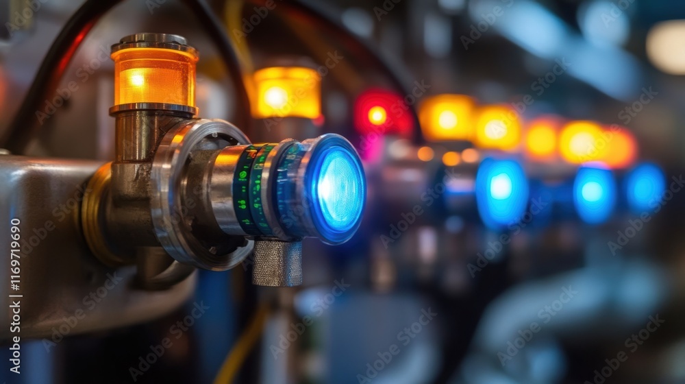 A closeup of sensors embedded in machinery with colorful LED indicators flashing representing the transition to smart technology in manufacturing systems. A closeup of sensors embedded in machinery with colorful LED indicators flashing representing the transition to smart technology in manufacturing systems.
