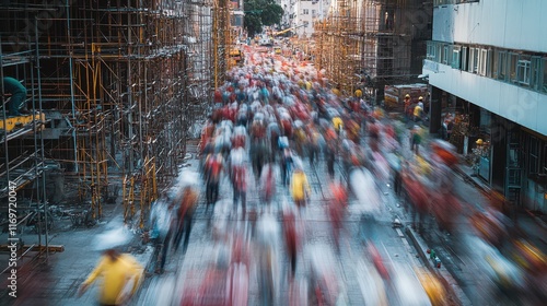 A busy construction site filled with numerous builders working diligently, captured with long exposure. photo