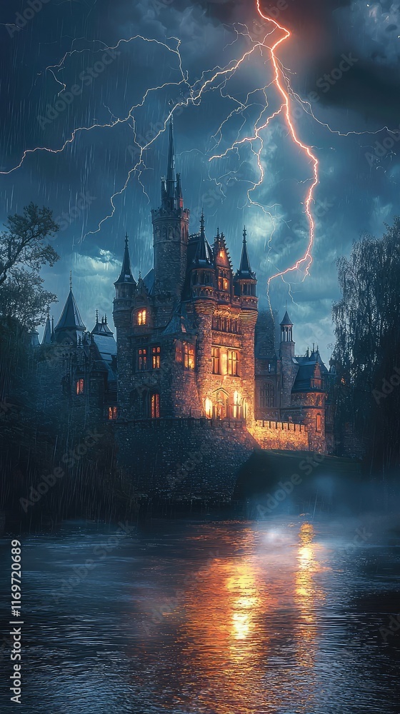 Fototapeta premium Mysterious Castle Under Stormy Sky with Lightning and Reflection
