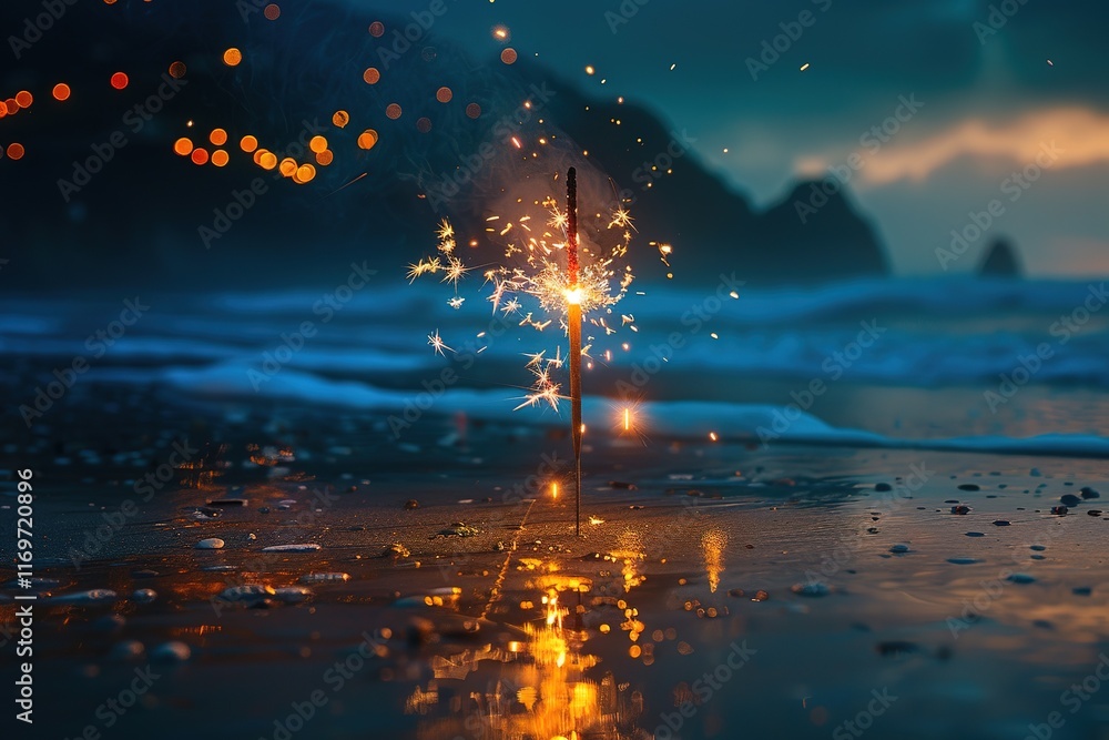 Fototapeta premium Sparklers glowing bright drops on beach wanderlust sightseeing blue lights on background