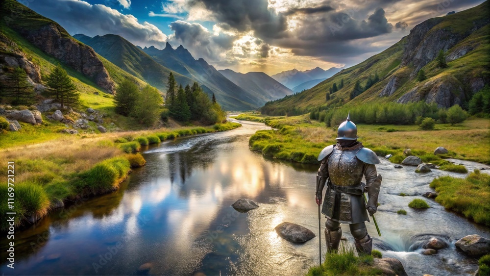 A river flowing through a quiet valley, littered with abandoned armor