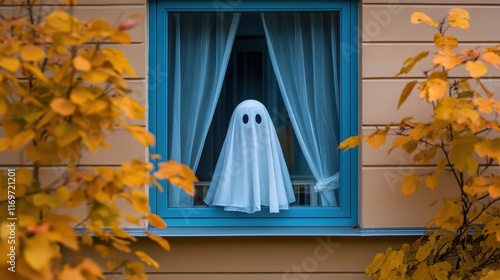 A charming image of a cute sheet ghost peeking through a window of a modern house during Autumn. photo