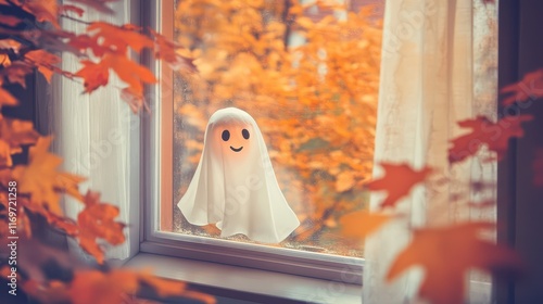 A charming image of a cute sheet ghost peeking through a window of a modern house during Autumn. photo