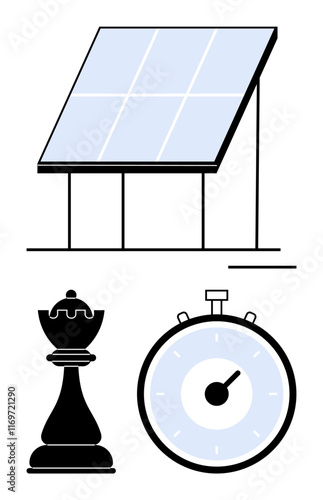 Solar panel chess piece and stopwatch. Ideal for innovation, strategy, time management, sustainability, technology, precision, and competition. Line metaphor