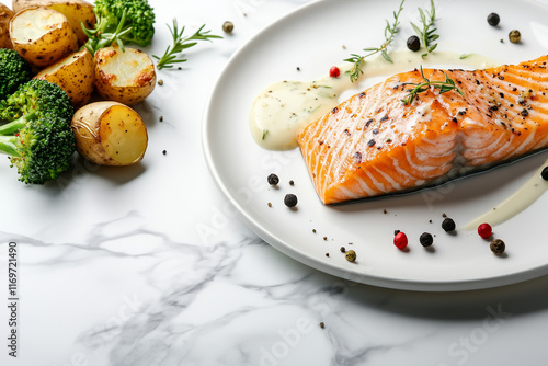 Pavé de saumon, patates et brocolis sur une table en marbre photo