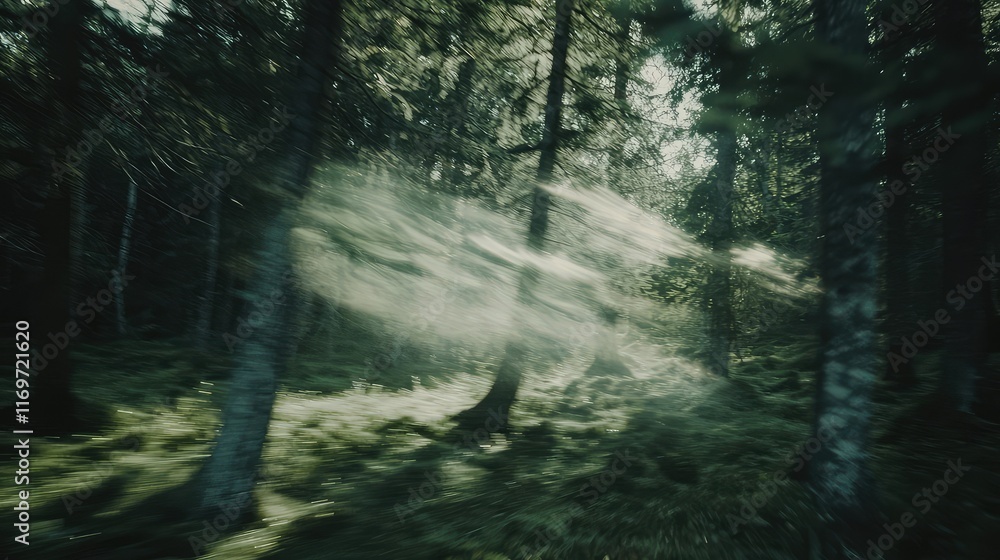 Obraz premium Ethereal Light Rays Cutting Through Dense Forest Shadows