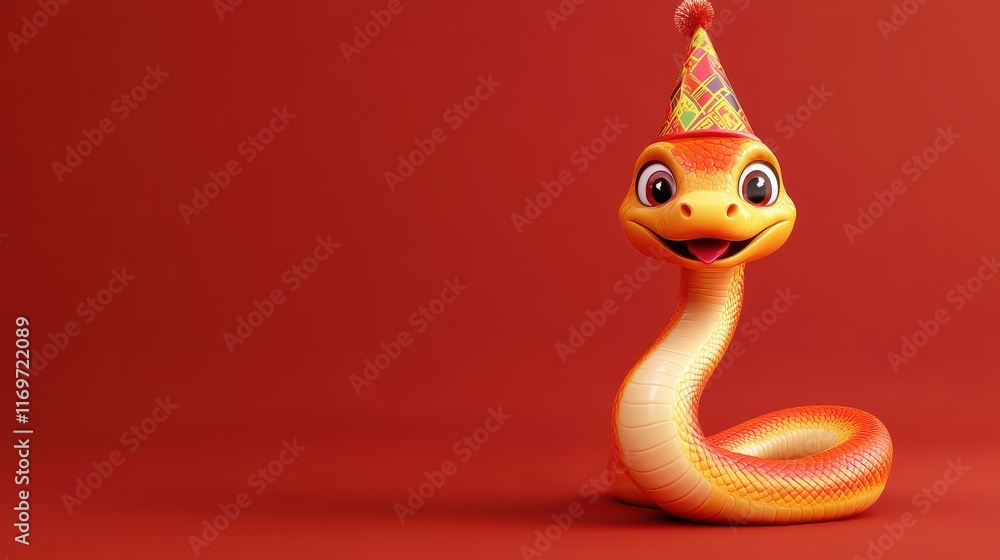 Fototapeta premium A cheerful snake donning a festive party hat, embodying the joy and spirit of the Chinese New Year celebration.
