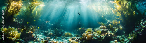 Tranquil underwater scene with light rays filtering through the ocean depths, creating a serene wallpaper effect photo