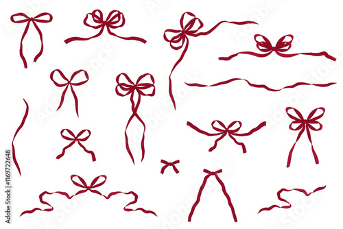 Simple ribbon bow collection. Isolated Vector illustration in hand-drawn style