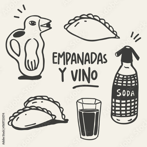 Plantilla de iconos doodle empanadas y vino, pingüino sifon de soda, comidas argentinas