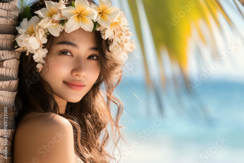 Femme asiatique à la plage, une couronne de fleurs autour de la tête  photo