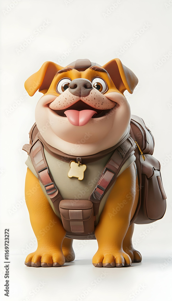 Naklejka premium Travel-loving cartoon 3D bulldog with a backpack, ready for adventure