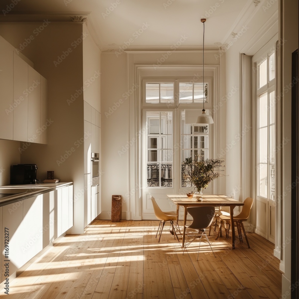 Fototapeta premium Sunlit minimalist kitchen and dining area with wooden floors and large windows.