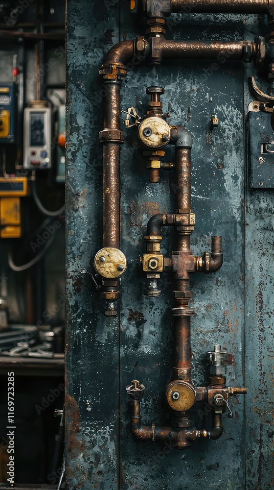Rusty Industrial Water Pipes on Grungy Wall in Workshop Setting Rusty Industrial Water Pipes on Grungy Wall in Workshop Setting