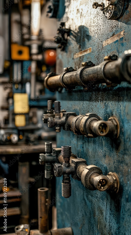 Detailed Industrial Pipe Connections on a Weathered Workshop Wall Detailed Industrial Pipe Connections on a Weathered Workshop Wall