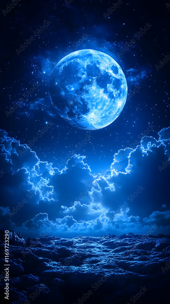 Fototapeta premium Blue moon over a tranquil seascape at night, illuminated clouds and stars.