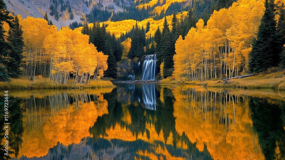 Naklejka premium Autumnal waterfall cascading into serene lake, reflected in still water, surrounded by golden aspen trees and evergreens on mountainside.