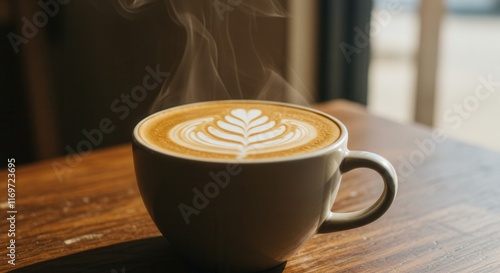 Steaming latte art in sunlit cafe ambiance photo