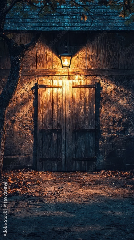Rustic Wooden Door with Lantern in a Dimly Lit Environment Rustic Wooden Door with Lantern in a Dimly Lit Environment