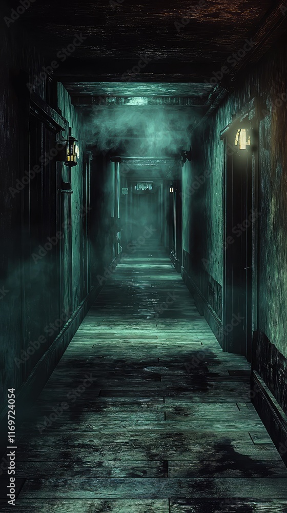 Dark and Mysterious Hallway with Fog and Eerie Lighting Effects