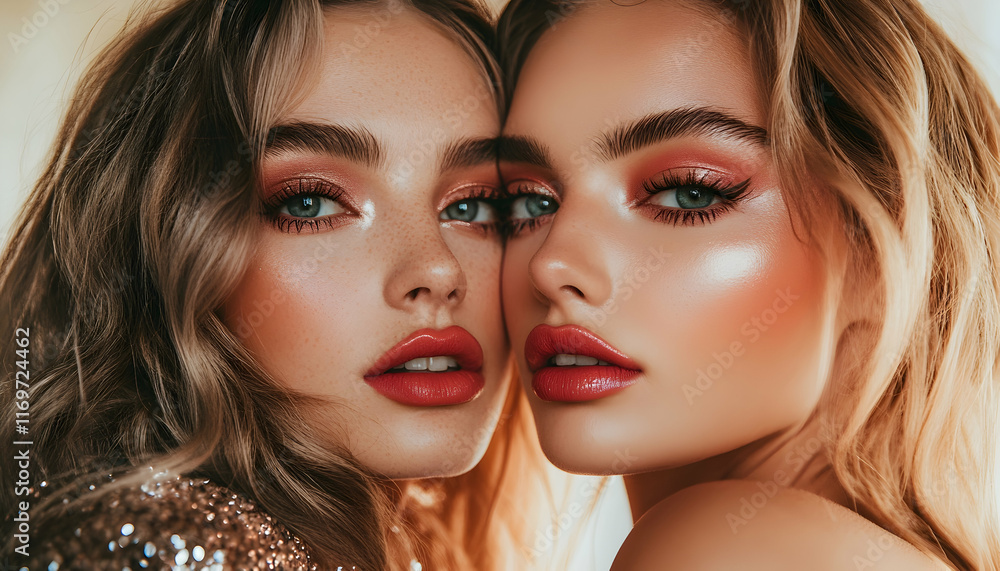 Two beautiful Y2K women celebrating the new year with bold pink lipstick and glamorous makeup looks. Two beautiful Y2K women celebrating the new year with bold pink lipstick and glamorous makeup looks.