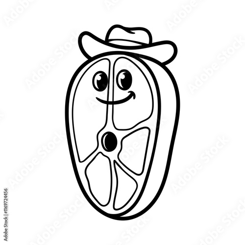 fun meat cartoon with cowboy hat isolated drawing line art style sketch classic vintage design illustration