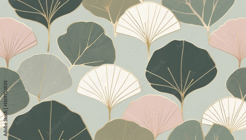 Obraz premium Elegant Gold Ginkgo Leaves Seamless Pattern: Abstract Botanical Art in Soft Pastel and Teal Tones Background