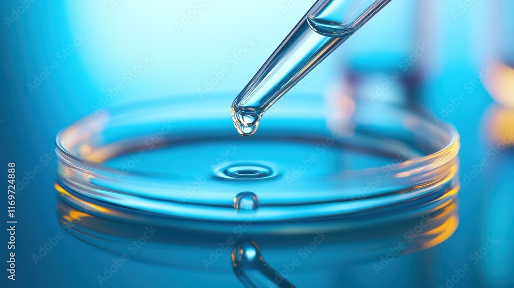 A close-up view of a pipette precisely dropping liquid into a petri dish against a blue background, highlighting the meticulous nature of laboratory research and scientific experimentation. A close-up view of a pipette precisely dropping liquid into a petri dish against a blue background, highlighting the meticulous nature of laboratory research and scientific experimentation.