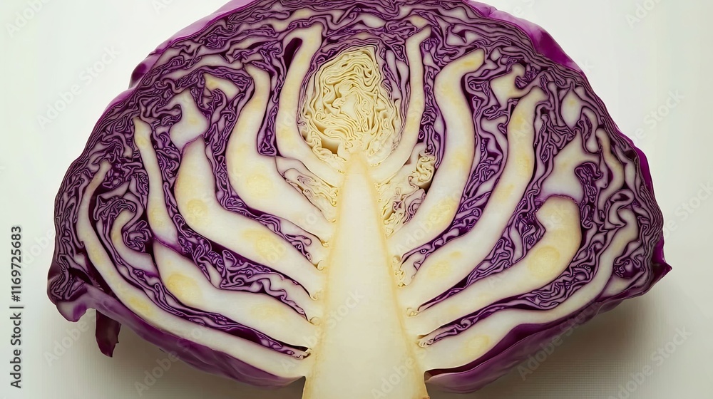 Fototapeta premium Cross-section of a vibrant purple red cabbage, revealing its intricate internal structure and layers.