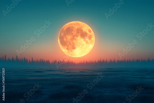Huge orange moon rising over a misty landscape at twilight.