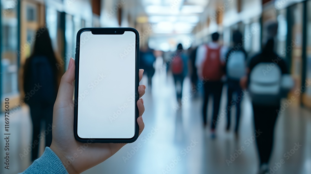 Smartphone Displayed In Hand Amidst Busy School Hallway Smartphone Displayed In Hand Amidst Busy School Hallway
