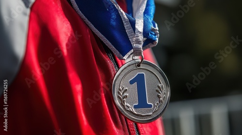 A compelling image of a winner’s medal with a prominent number 1 hanging around the neck of a sports person, symbolizing their victory in a race. photo