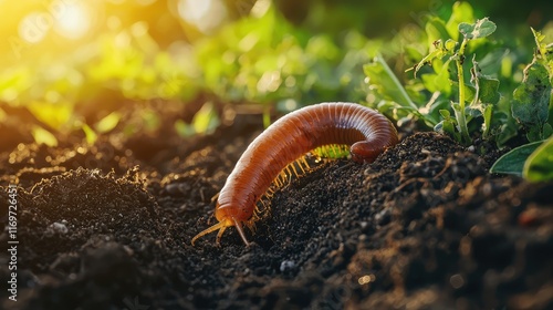 Close-Up of a Brown Millipede Crawling on Dark Soil in Nature