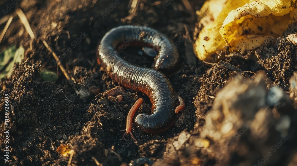 Close-Up of a Dark Brown Millipede Crawling on the Soil Surface Close-Up of a Dark Brown Millipede Crawling on the Soil Surface