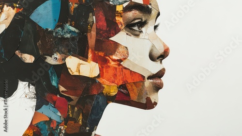 A contemporary abstract portrait of a young woman created through a modern paper collage technique, showcasing a trendy and artistic composition. photo