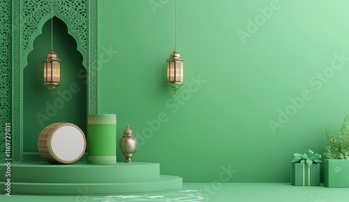 3D rendering of a background. I want to create an advertising background for the Muslim holiday Ramadan Kareem with a green color. There is a Ramadan drum and lantern hanging on a mosque wall photo