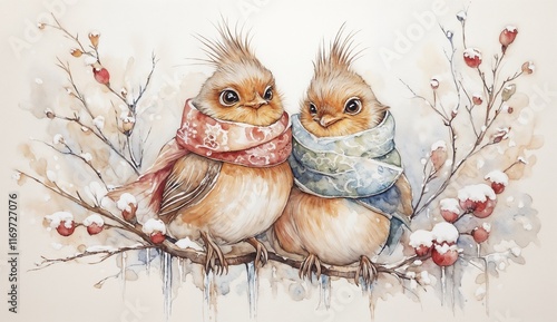 Two birds with scarves sitting on snowy branches