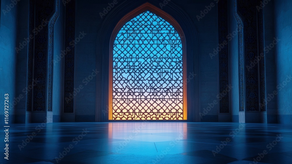 3D rendering of a blue, glowing Islamic window with Arabic geometric patterns and a night sky background. Empty room or mosque interior with light from the doorway. Ramadan Kareem for text 3D rendering of a blue, glowing Islamic window with Arabic geometric patterns and a night sky background. Empty room or mosque interior with light from the doorway. Ramadan Kareem for text